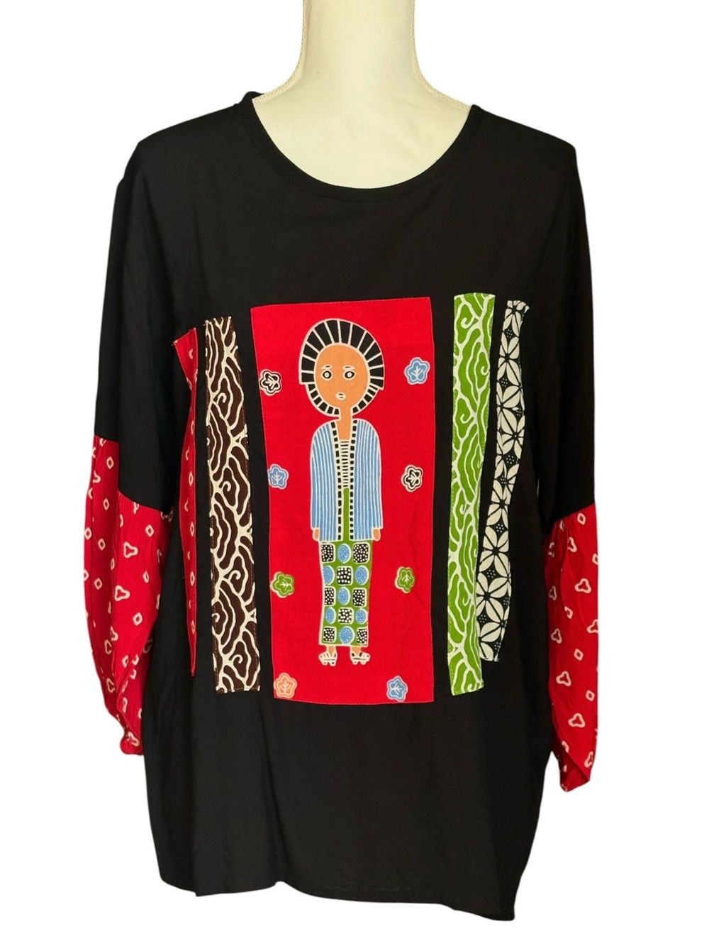 Semerbak Batik Art-To-Wear Patchwork Print Tunic Top L Black Multi